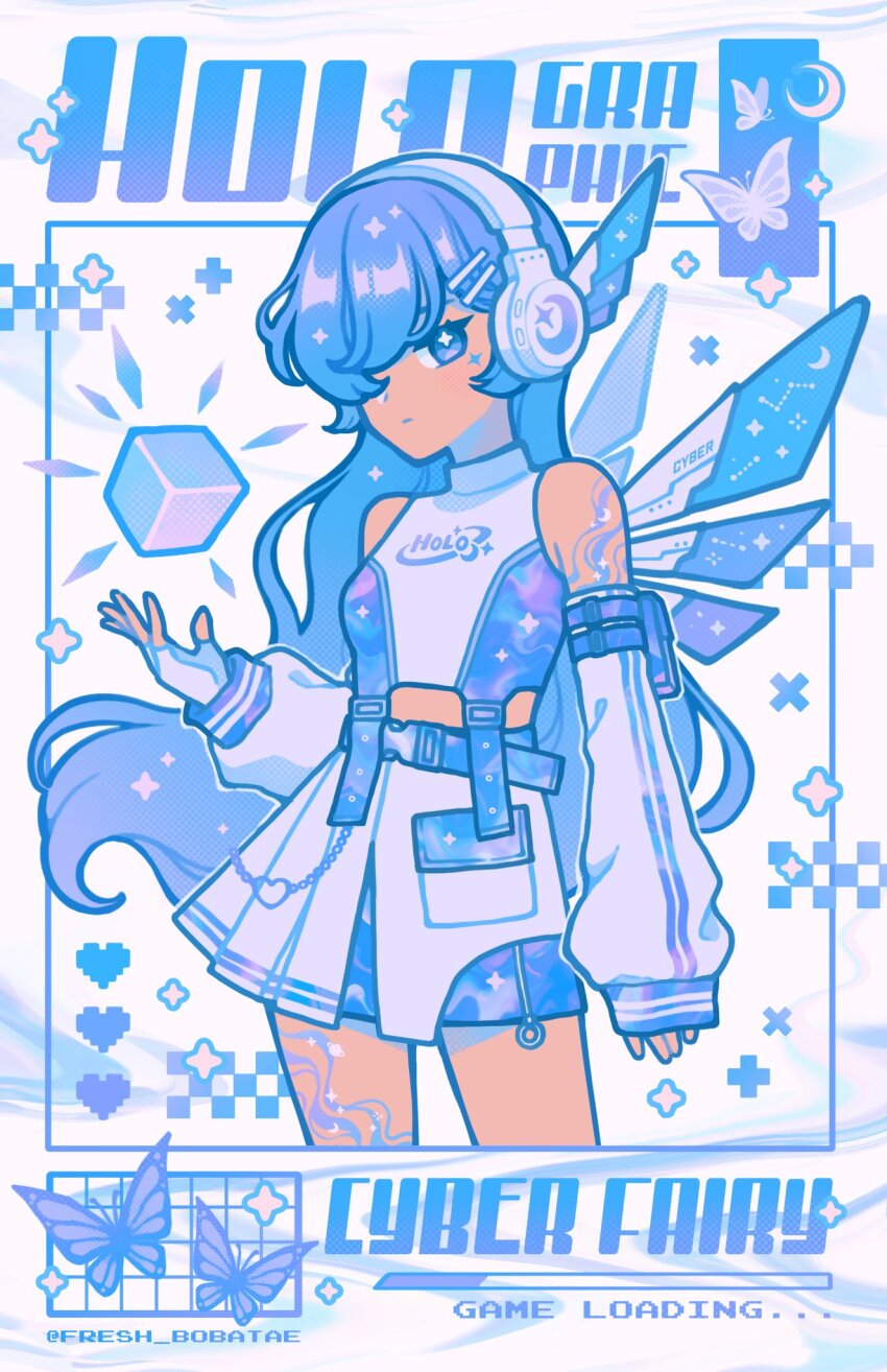 1girl bare_shoulders belt_chain blue_dress blue_eyes blue_hair blue_theme bug butterfly closed_mouth cowboy_shot cube cyber_fashion detached_sleeves dress emily_kim fairy hair_over_one_eye headphones highres holographic_clothing insect letterboxed loading_screen long_hair long_sleeves looking_at_viewer mechanical_wings object_floating_above_hand original plus_sign sleeves_past_wrists solo sparkle standing twitter_username very_long_hair white_background white_dress wings