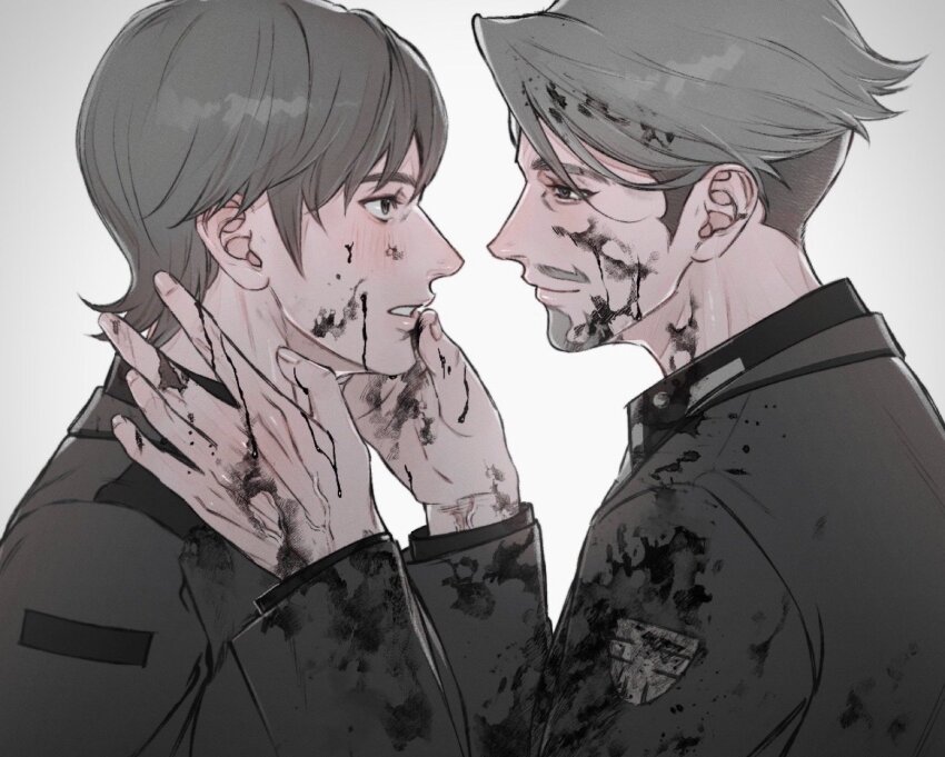 2boys beard black_eyes blush challia_bull collared_shirt dirty dirty_clothes dirty_face facial_hair grey_hair gundam gundam_gquuuuuux highres jacket long_sleeves male_focus military_uniform mole mole_under_mouth multiple_boys mustache open_mouth profile shirt short_hair simple_background smile takotamq undercut upper_body white_background xavier_olivette yaoi
