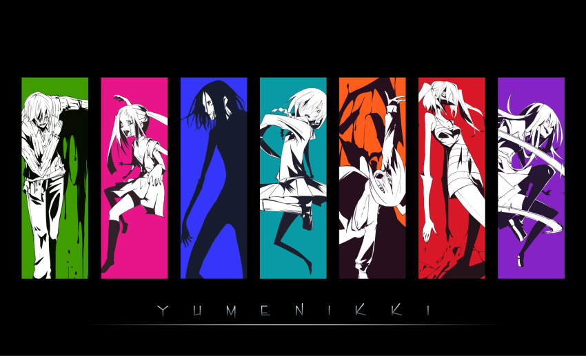 2boys 5girls beak blood braid collarbone column_lineup copyright_name crazy_eyes extra_arms hair_over_one_eye highres knife kuroneko_no_toorimichi long_hair madotsuki monochrome monoe monoko multiple_boys multiple_girls open_mouth outstretched_arm poniko ponytail sekomumasada_sensei shirt shitaisan smile spot_color striped sweater tank_top thighhighs toriningen turtleneck twin_braids twintails uboa yume_nikki