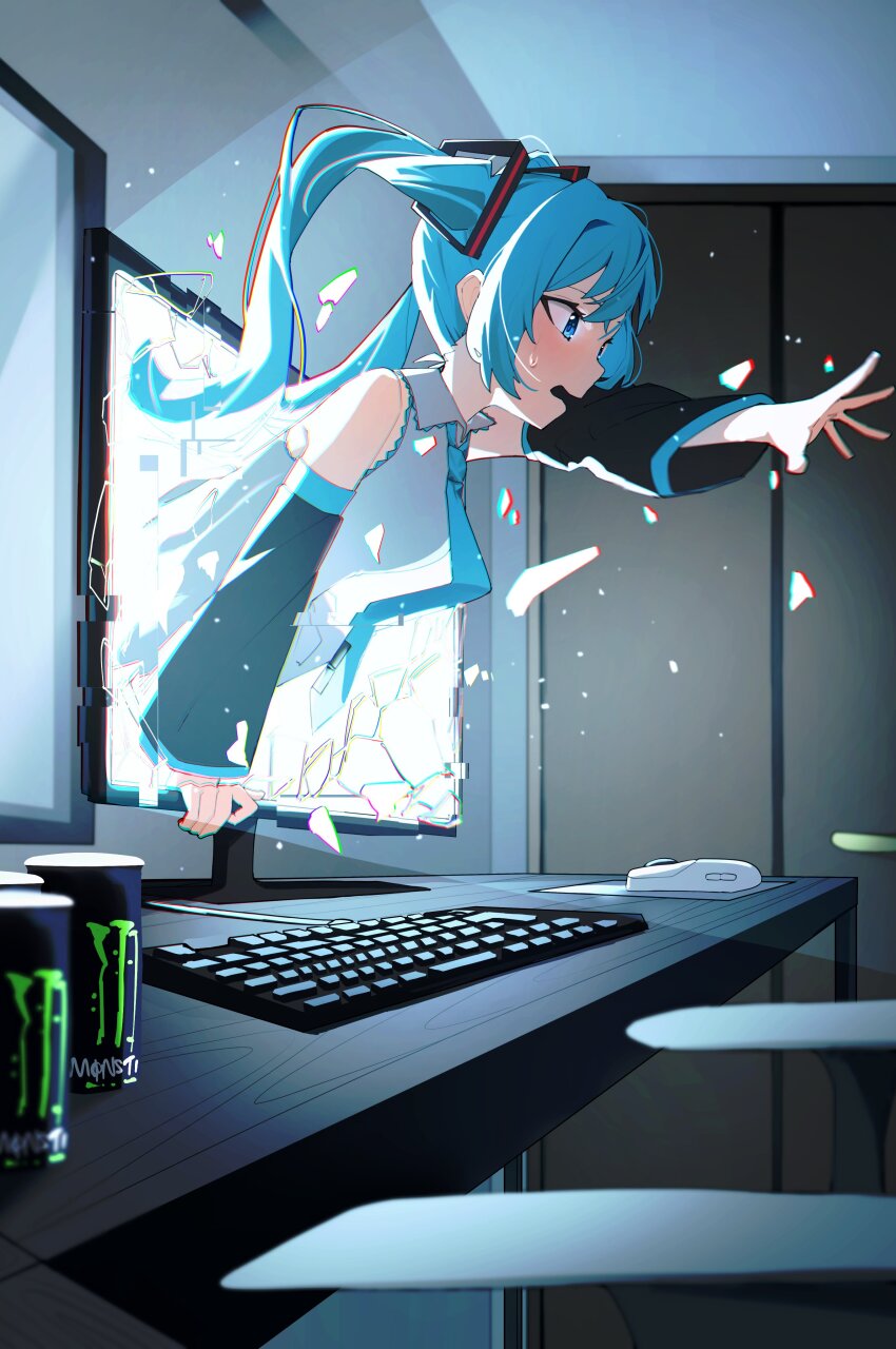 1girl absurdres bare_shoulders black_sleeves blue_eyes blue_hair blue_necktie blush collared_shirt computer_keyboard computer_mouse detached_sleeves from_side grey_shirt hashtag-only_commentary hatsune_miku highres indoors long_hair long_sleeves monitor monster_energy necktie nun178089 open_mouth outstretched_arm shirt sleeveless sleeveless_shirt solo through_medium through_screen tie_clip twintails vocaloid