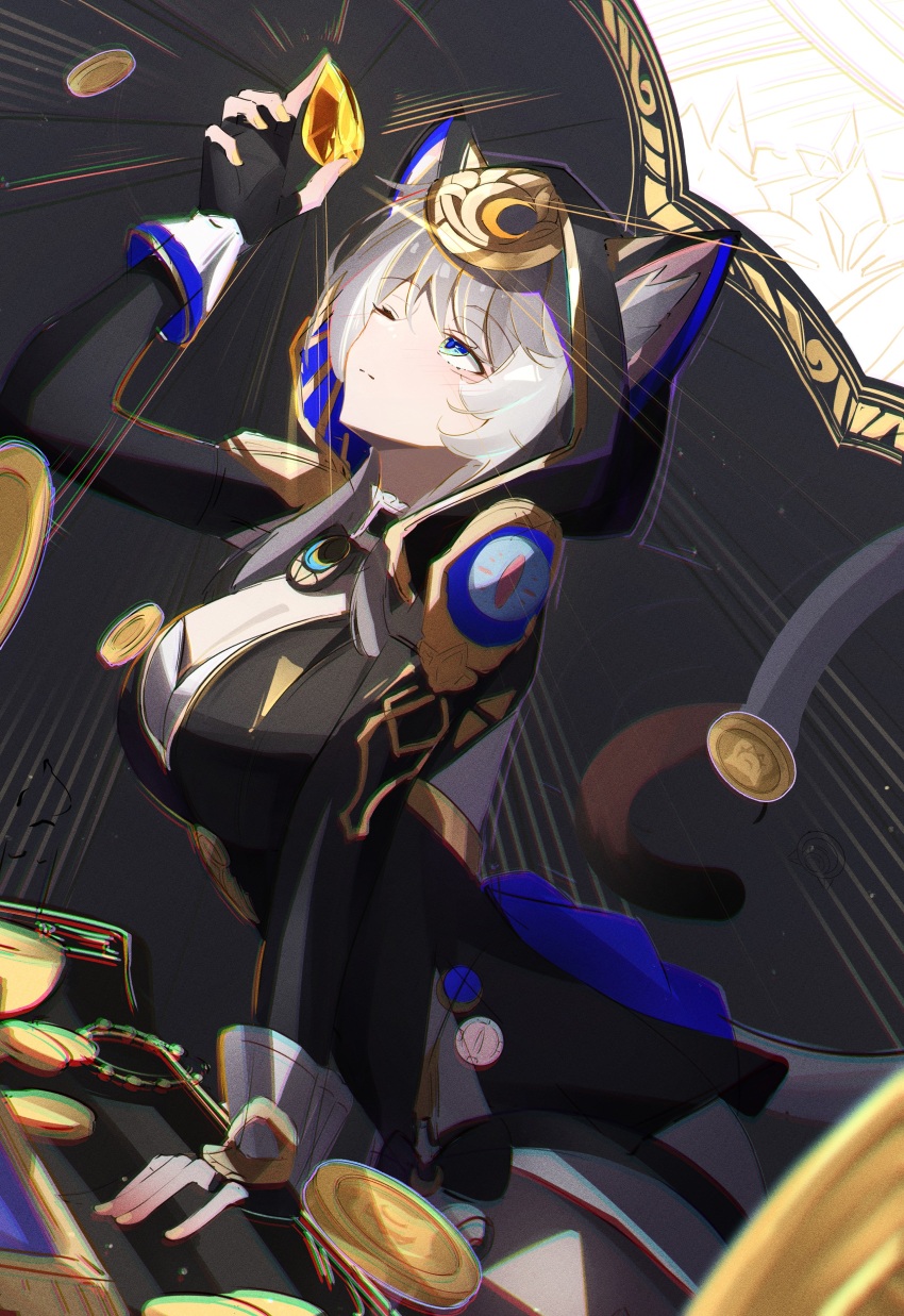 1girl absurdres animal_ear_fluff animal_ears animal_hood black_jacket blue_eyes breasts cat_ears cat_hood chromatic_aberration cipher_(honkai:_star_rail) cleavage closed_mouth coin commentary dutch_angle fingerless_gloves gem glint gloves gold_coin gold_trim grey_hair hand_on_table hand_up highres honkai:_star_rail honkai_(series) hood hood_up jacket large_breasts long_hair long_sleeves looking_ahead looking_up one_eye_closed solo table voi_271 yellow_gemstone