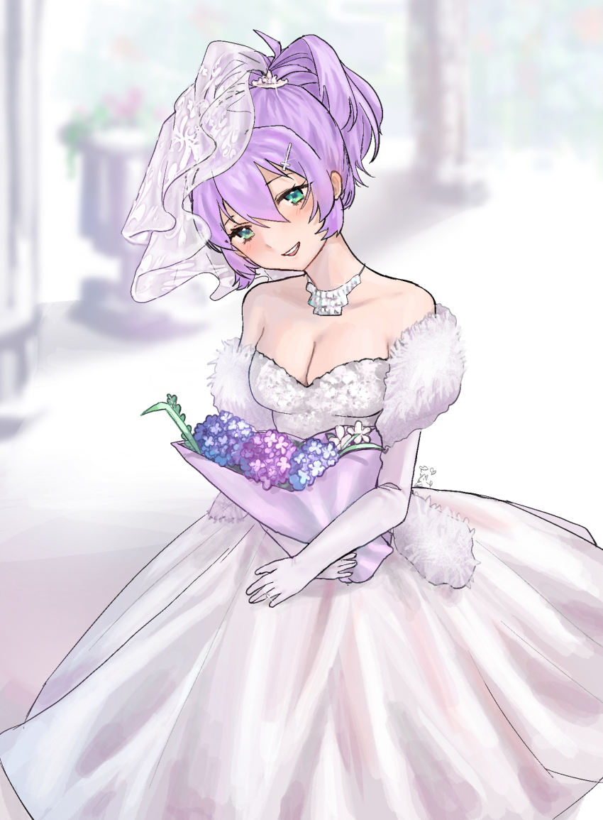 1girl azur_lane breasts cleavage dress highres javelin_(azur_lane) purple_hair wedding_dress white_dress