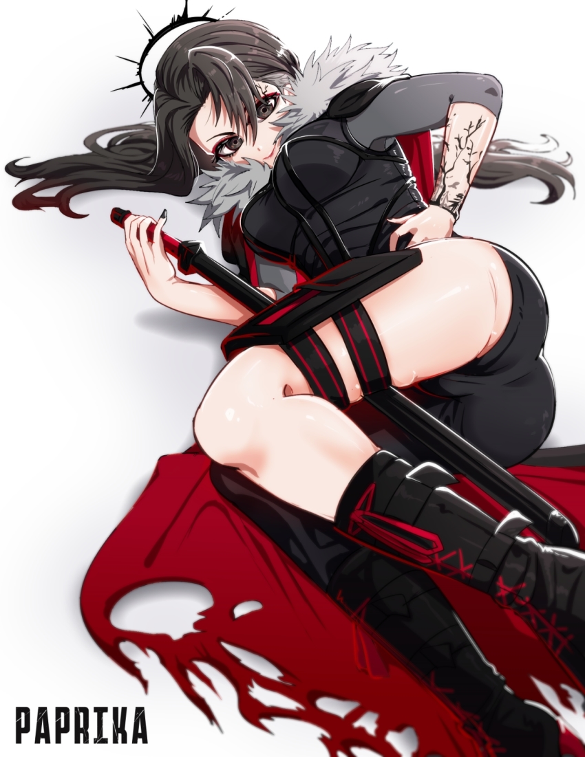 1girl ass black_bodysuit black_boots black_cape black_hair bodysuit boots cape colored_tips eyeshadow genderswap genderswap_(mtf) hair_between_eyes halo highres holding holding_sword holding_weapon long_hair looking_down lying makeup multicolored_hair red_eyeshadow red_hair rpr scarz solo sword sword_between_thighs thigh_strap tori_gyoza virtual_youtuber weapon white_background
