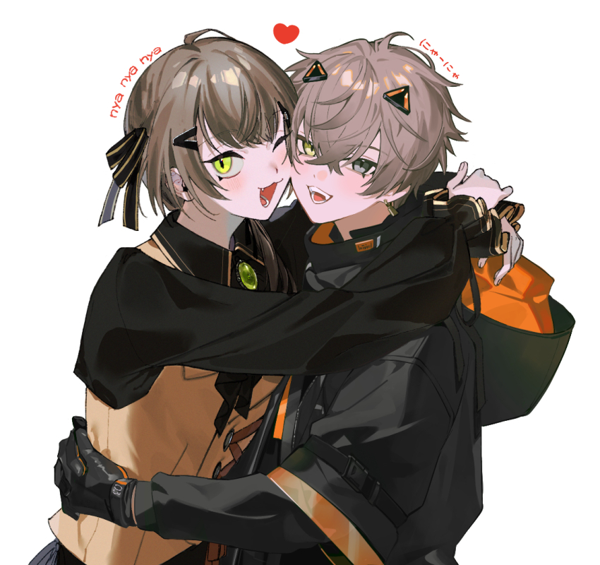 2boys ;3 ;d alban_knox alban_knox_(1st_costume) alban_knox_(4th_costume) black_coat black_gloves black_ribbon black_shirt brooch brown_hair brown_vest buttons coat collared_shirt commentary_request cross-laced_clothes cross-laced_vest crossed_bangs drawstring dual_persona earrings fang frilled_sleeves frills gem gloves gold_earrings green_eyes green_gemstone grey_eyes hair_between_eyes hair_ornament hair_over_shoulder hair_ribbon hairclip heart heterochromia hood hood_down hooded_coat hoodie hug jewelry layered_sleeves long_hair long_sleeves looking_at_viewer low_ponytail male_focus merry-san_(w00sjn) multiple_boys nijisanji nijisanji_en official_alternate_costume one_eye_closed open_mouth orange_gloves ponytail ribbon shirt short_hair short_over_long_sleeves short_sleeves simple_background smile teeth two-tone_gloves upper_body vest virtual_youtuber white_background wing_collar