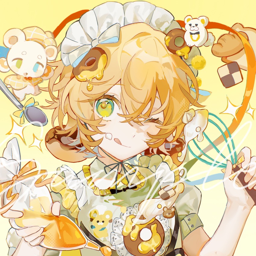 1girl :d absurdres animal animal_ears apron bare_arms beret black_bow black_bowtie black_dress black_ribbon blonde_hair bow bowtie bread capelet checkerboard_cookie chinese_commentary closed_mouth clothed_animal collared_shirt commentary_request commission cookie crumbs dot_nose donut_hair_ornament dress eyelashes eyes_visible_through_hair food food-themed_hair_ornament frilled_apron frilled_shirt frills gradient_background green_eyes hair_between_eyes hair_bow hair_ornament hamster_ears hat heterochromia highres holding holding_pipette holding_whisk icing light_blush maid maid_headdress neck_ribbon one_eye_closed open_mouth orange_ribbon original pinafore_dress pipette plaid_capelet plaid_clothes plaid_headwear puffy_short_sleeves puffy_sleeves red_bow red_bowtie ribbon sample_watermark shirt short_hair short_sleeves sleeveless sleeveless_dress smile solo sparkle sparkling_eyes spoon tongue tongue_out traditional_bowtie upper_body watermark whisk white_apron white_bow white_shirt yellow_background yellow_bow yellow_bowtie yellow_capelet yellow_hat yemo3216