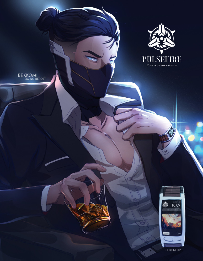 1boy absurdres alcohol alternate_costume artist_name bekkomi black_footwear black_hair black_jacket blue_eyes collarbone collared_shirt cup glass highres holding holding_cup ice ice_cube jacket league_of_legends light long_sleeves looking_at_viewer open_clothes open_jacket phone pulsefire_shen shen_(league_of_legends) shirt sitting solo topknot watch white_shirt wristwatch