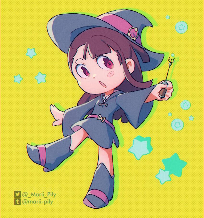 1girl asymmetrical_bangs belt blush boots brown_hair commentary hat highres holding holding_wand hooded_dress kagari_atsuko little_witch_academia long_hair long_sidelocks looking_to_the_side luna_nova_school_uniform marii_pily open_mouth red_belt red_eyes school_uniform sidelocks solo star_(symbol) trigger_(company) tumblr_logo tumblr_username twitter_logo twitter_username wand witch witch_hat