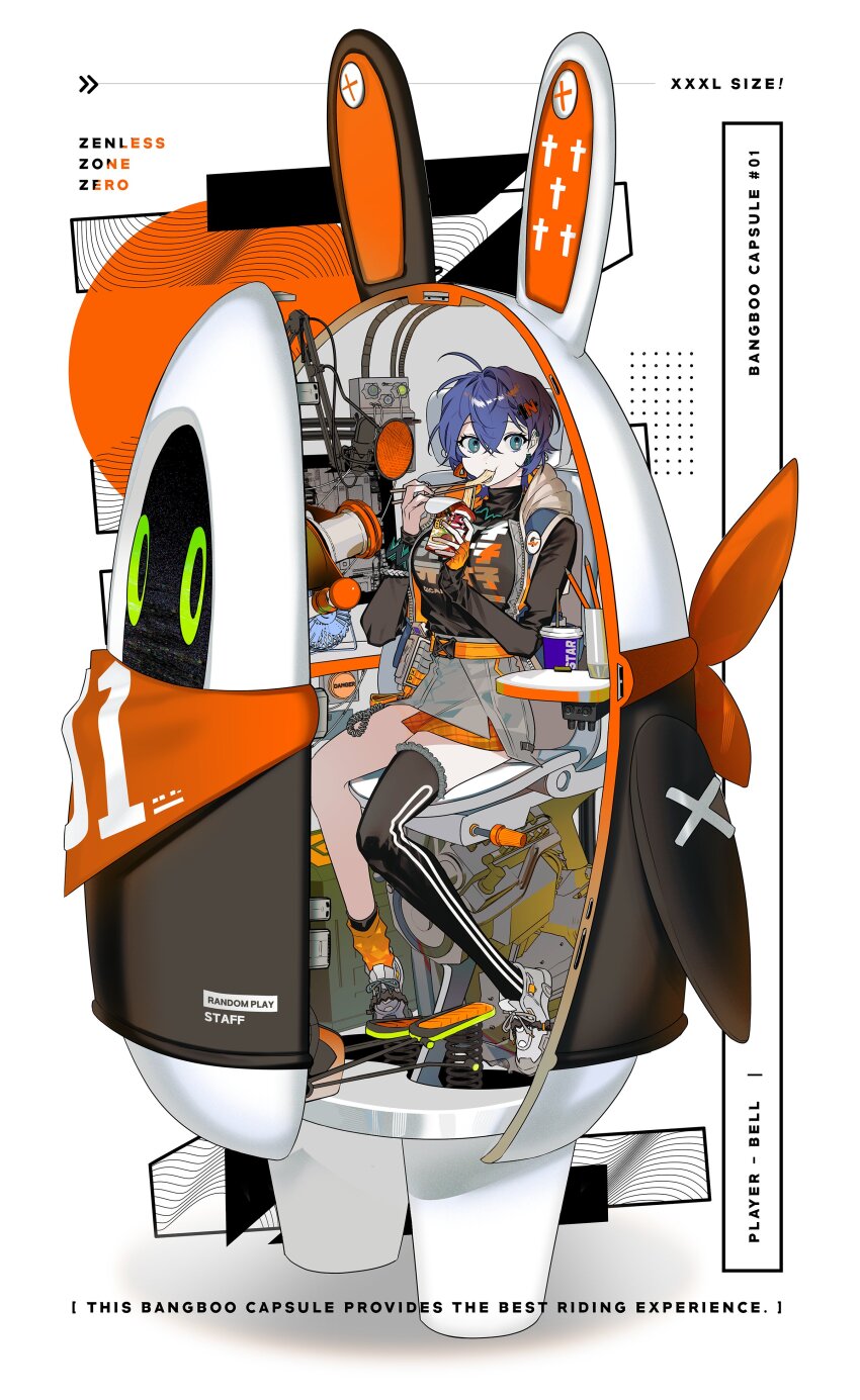 1girl absurdres bangboo_(zenless_zone_zero) bell belle_(zenless_zone_zero) belt black_shirt blue_hair breasts chopsticks crossed_bangs cup cup_ramen disposable_cup eating electric_fan english_text eous_(zenless_zone_zero) fingerless_gloves gloves green_eyes grey_skirt hair_ornament highres holding holding_chopsticks holding_with_chopsticks large_breasts letter_hair_ornament long_sleeves looking_at_viewer mecha microphone mzet orange_belt orange_gloves orange_socks robot shirt short_hair single_fingerless_glove single_thighhigh sitting skirt sleeveless sleeveless_jacket socks solo thighhighs white_background zenless_zone_zero