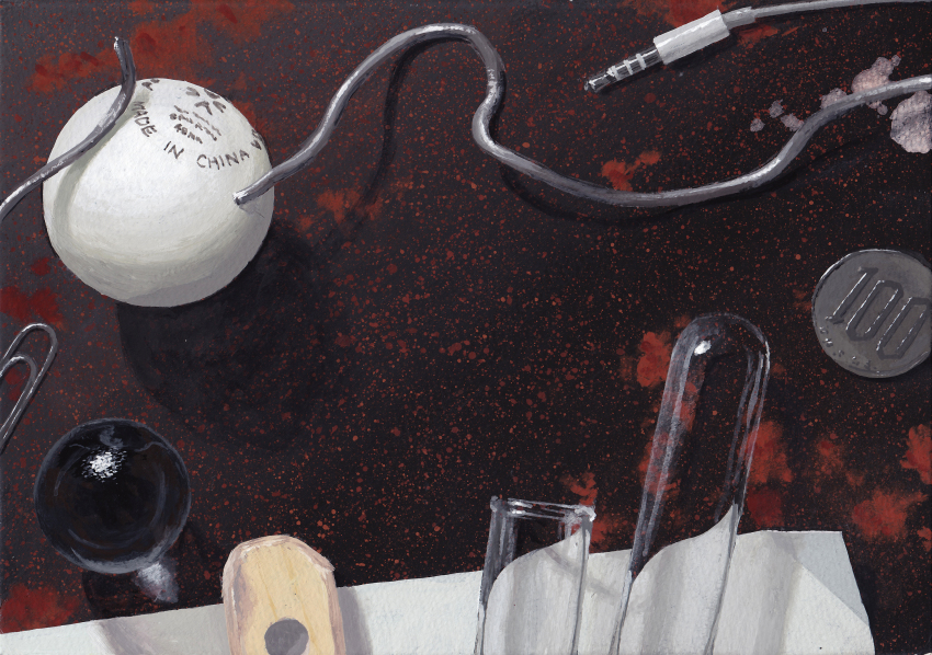 acrylic_paint_(medium) audio_jack ball cable coin earbuds earphones english_text highres marble_(toy) metal_wire no_humans noske original painting_(medium) paper paperclip still_life table_tennis_ball test_tube traditional_media wire yen