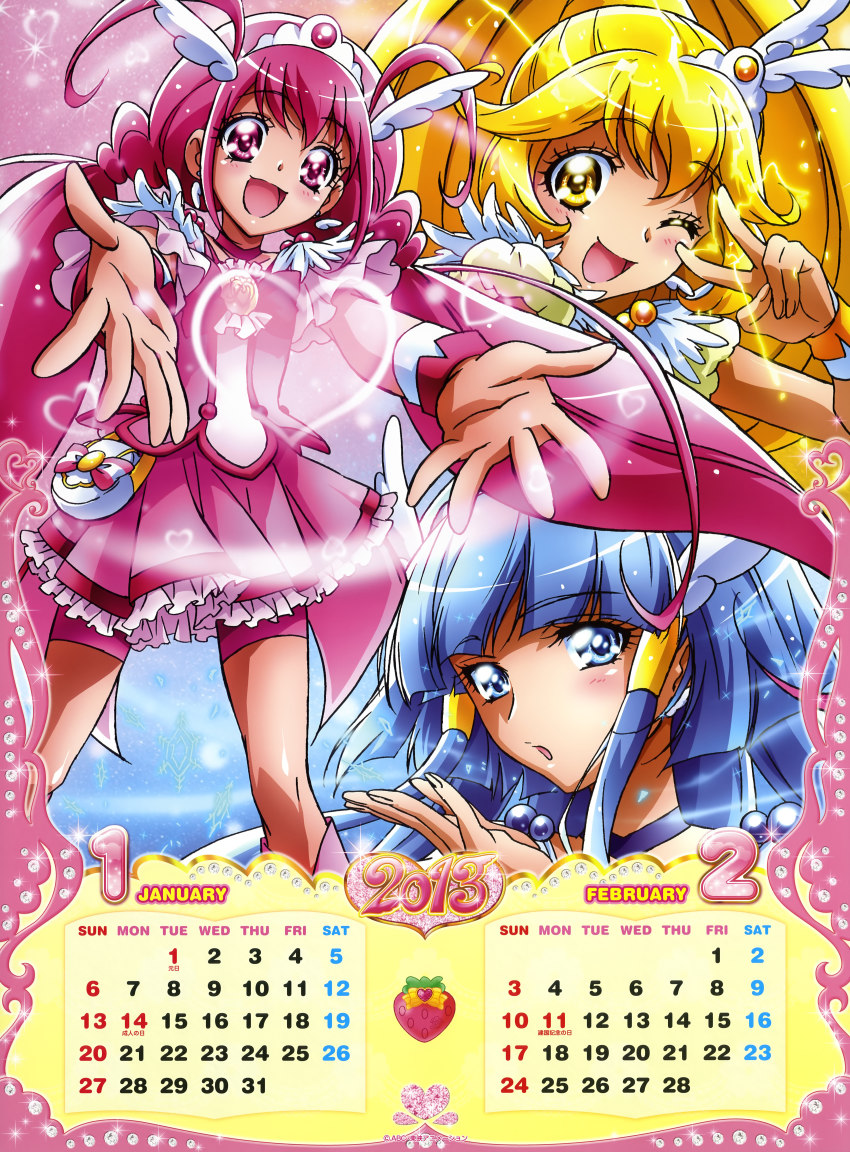 10s 2013 3girls :d :o ;d absurdres aoki_reika bike_shorts blonde_hair blue_eyes blue_hair blush bow calendar cure_beauty cure_happy cure_peace dress electricity february hair_flaps hair_tubes head_wings highres hoshizora_miyuki january kawamura_toshie kise_yayoi long_hair multiple_girls official_art one_eye_closed open_mouth pink_bow pink_eyes pink_hair pink_shorts pink_skirt precure shorts shorts_under_skirt skirt smile smile_pact smile_precure! tiara twintails v wings wink wrist_cuffs yellow_eyes