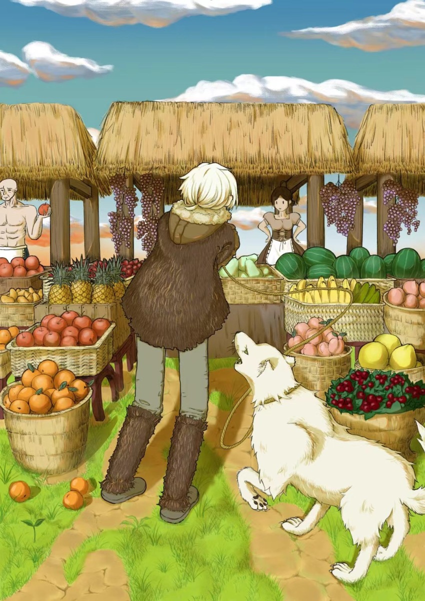 1girl 2boys abs anflyingbird apple apron bald banana blue_sky character_request check_character cloud food from_behind fruit fumetsu_no_anata_e fushi grapes grass grey_pants highres joan_(fumetsu_no_anata_e) multiple_boys muscular muscular_male orange_(fruit) pants peach pear pineapple shadow shoes short_hair short_sleeves sky slice_of_life the_nameless_boy_(fumetsu_no_anata_e) watermelon white_apron white_hair