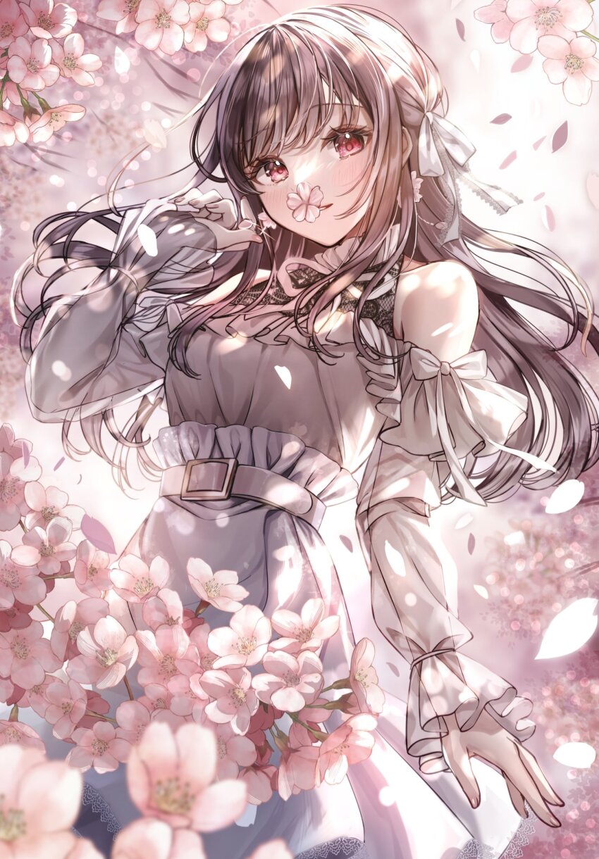 1girl bare_shoulders belt belt_buckle blurry blurry_background blush breasts brown_hair buckle cherry_blossoms collar commentary curled_fingers dappled_sunlight depth_of_field dot_nose falling_petals feet_out_of_frame fingernails floating_hair flower flower_over_mouth frilled_collar frilled_shirt frills hair_over_shoulder hair_ribbon halterneck hand_up high-waist_skirt highres lace light_particles long_hair long_sidelocks long_sleeves looking_at_viewer medium_breasts nail_polish neck_ribbon off-shoulder_shirt off_shoulder original petals pink_eyes pink_nails pink_petals pink_ribbon ribbon sakura_(39ra) see-through_clothes see-through_sleeves shirt sidelocks skirt sleeve_bow sleeves_past_wrists smile solo standing sunlight symbol-only_commentary teeth white_belt white_ribbon white_shirt white_skirt