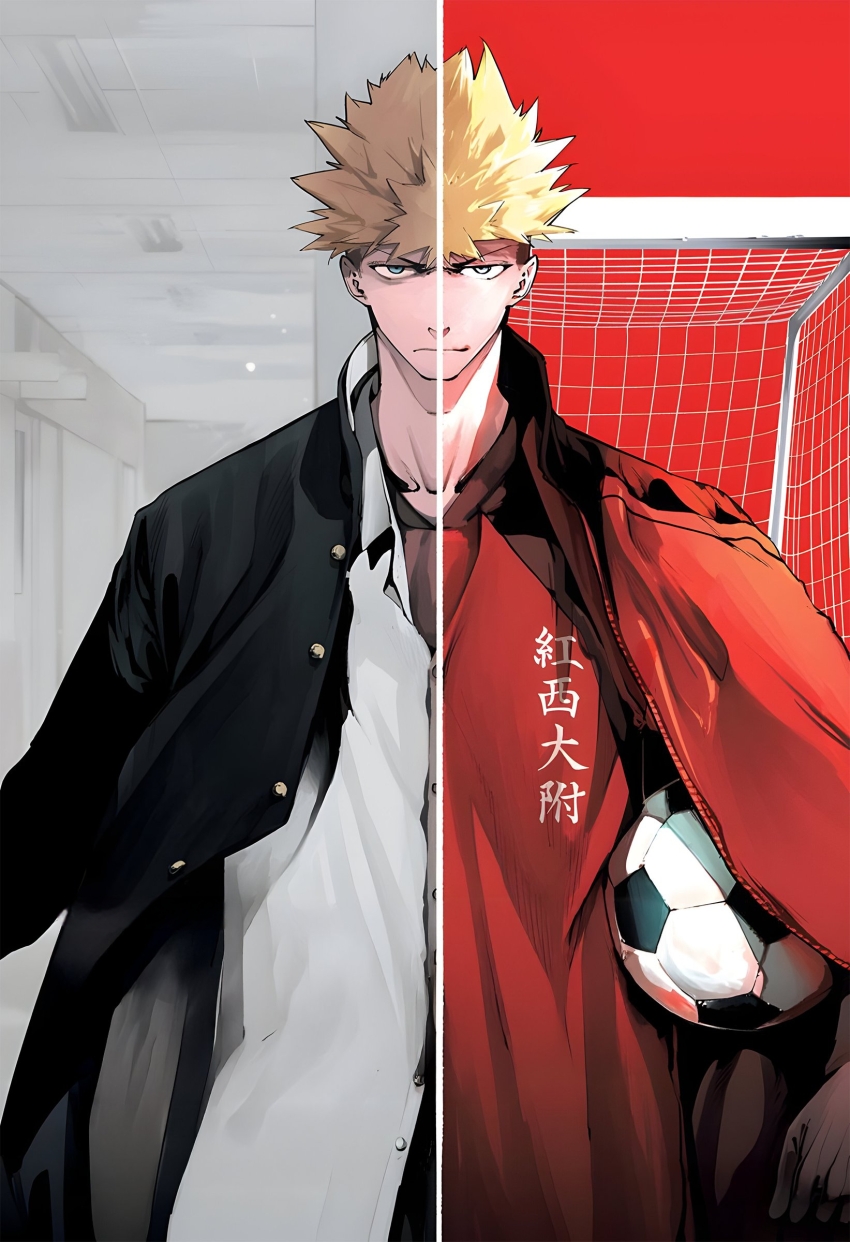 absurdres artist_request ball black_hair black_shirt blonde_hair blue_eyes closed_mouth embers_(manga) haitani_noboru highres long_hair looking_at_viewer multicolored_hair non-web_source official_art red_shirt serious shirt soccer_ball soccer_field soccer_uniform sportswear two-tone_hair white_shirt
