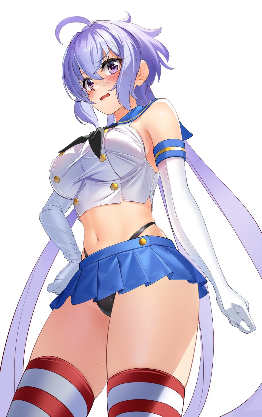 1girl absurdres ahoge bare_shoulders black_panties blue_skirt breasts buttons cosplay cowboy_shot crop_top elbow_gloves embarrassed frown gloves hand_on_own_hip highleg highleg_panties highres impossible_clothes impossible_shirt kantai_collection large_breasts long_hair looking_at_viewer microskirt midriff navel neckerchief nyanmaru open_mouth panties pleated_skirt purple_eyes purple_hair revealing_clothes sailor_collar school_uniform senki_zesshou_symphogear serafuku shimakaze_(kancolle) shimakaze_(kancolle)_(cosplay) shirt simple_background skindentation skirt sleeveless sleeveless_shirt solo stomach striped_clothes striped_thighhighs sweat taut_clothes taut_shirt thighhighs thighs thong underwear v-shaped_eyebrows very_long_hair wavy_mouth white_background white_gloves white_shirt yukine_chris