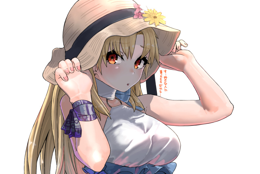 1girl bare_shoulders blonde_hair blush breasts ereshkigal_(fate) fate/grand_order fate_(series) grey_one-piece_swimsuit hat highres large_breasts long_hair looking_at_viewer niwaikanai o-ring one-piece_swimsuit open_mouth parted_bangs red_eyes solo space_ereshkigal_(fate) space_ereshkigal_(first_ascension)_(fate) sun_hat swimsuit translation_request two-tone_swimsuit white_one-piece_swimsuit