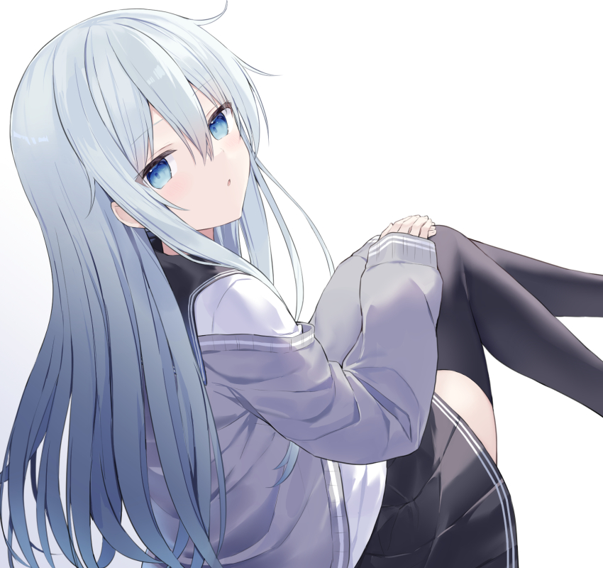 1girl black_sailor_collar black_skirt black_thighhighs blue_eyes blue_hair blush commentary double-parted_bangs feet_out_of_frame from_behind grey_sweater hair_between_eyes hands_on_own_knees hibiki_(kancolle) highres kantai_collection knees_up long_hair long_sidelocks long_sleeves looking_at_viewer off_shoulder open_mouth pleated_skirt sailor_collar shikuro_(iorimiyakiyo) shirt sidelocks simple_background sitting skindentation skirt sleeves_past_wrists solo sweater thighhighs turning_head white_background white_shirt