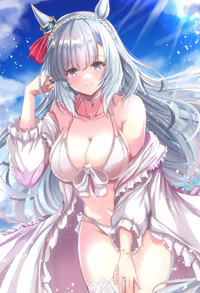 1girl absurdres animal_ears bikini breasts hair_ornament highres horse_girl jewelry kentan_(kingtaiki) large_breasts long_hair looking_at_viewer mejiro_ardan_(umamusume) necklace swimsuit umamusume white_bikini