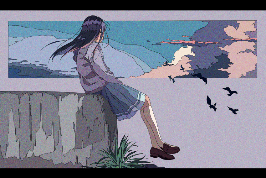 1girl bird black_hair blue_skirt flying grey_jacket hair_flowing_over hibike!_euphonium highres jacket jukaaa890 kitauji_high_school_uniform letterboxed liz_to_aoi_tori school_uniform sitting skirt solo yoroizuka_mizore