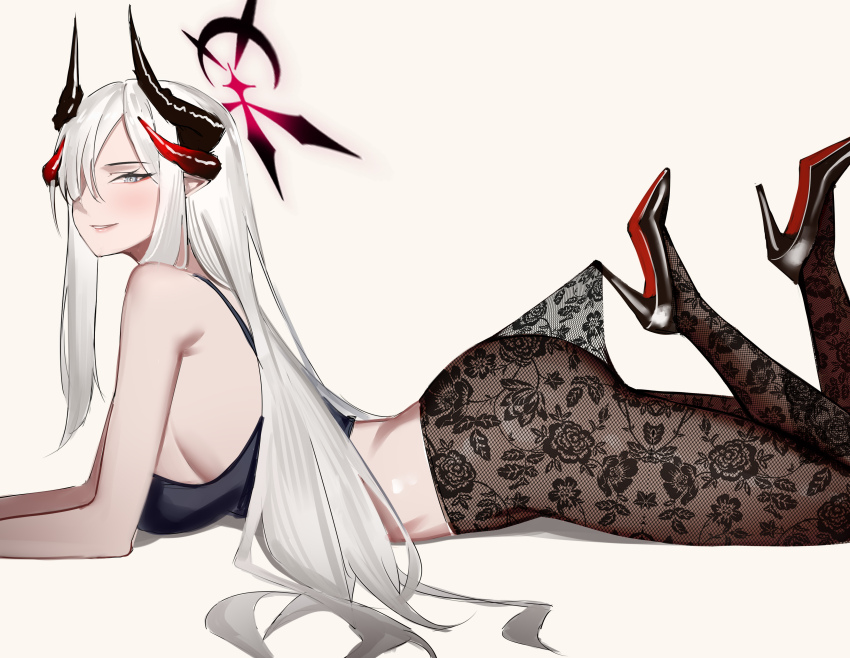 1girl absurdres ass black_horns black_sports_bra blue_archive breasts curved_horns demon_horns erlisa_takanashi floral_print_pantyhose gradient_halo gradient_horns grey_hair hair_over_one_eye halo high_heels highres hooked_on_heel horns lace_pantyhose lace_pantyhose_hooked_on_heel_(meme) large_breasts long_hair lying makoto_(blue_archive) meme multicolored_halo multicolored_horns multiple_horns on_stomach pantyhose pantyhose_tug pointy_ears red_halo solo sports_bra the_pose