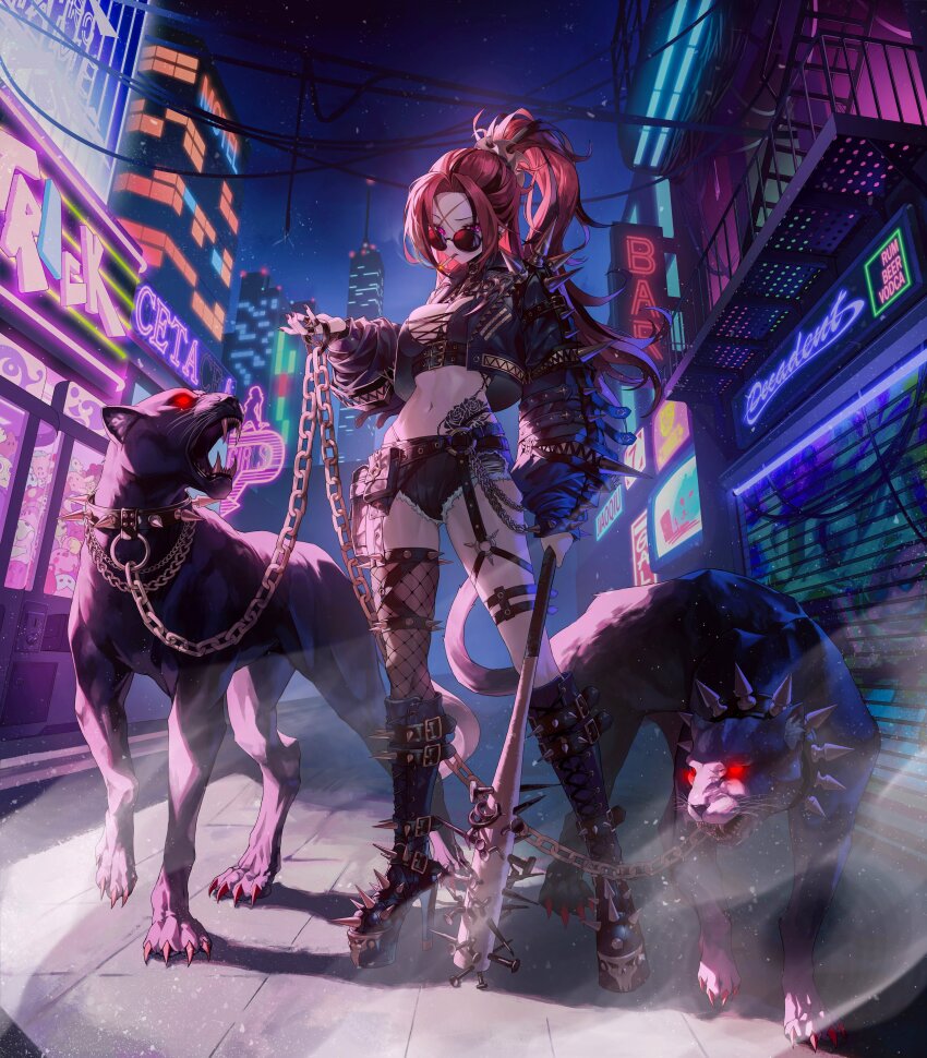 1girl absurdres black_panther boots breasts cigarette copyright_request cutoff_jeans cutoffs ezr_bb full_body high_heel_boots high_heels high_ponytail highres holding holding_weapon jacket midriff navel neon_lights night night_sky open_clothes open_jacket panther ponytail red_hair single_thighhigh sky smoking solo spiked_bat spiked_boots spiked_jacket sunglasses tattoo thigh_strap thighhighs weapon