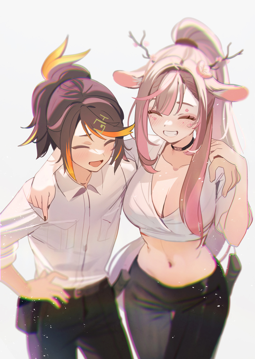 2girls animal_ears antlers belt black_pants blurry choker deer_ears deer_girl exitus highres horns kannazuki_lubee multicolored_hair multiple_girls navel nijisanji nijisanji_en pants petra_gurin ruiuncle shirt smile two-tone_hair virtual_youtuber white_shirt
