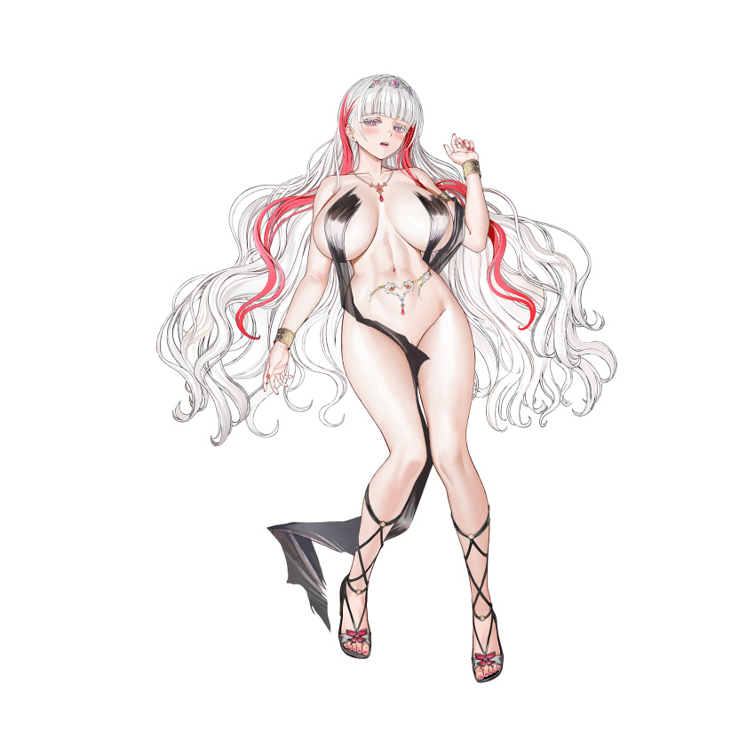 1girl abs armpit_crease belt black_dress blush bracelet breasts breasts_apart bright_pupils center_opening circlet clothing_aside collarbone colored_eyelashes cross-laced_sandals dress dress_aside eternity_(last_origin) full_body gem gold_armlet gold_bracelet gradient_eyes highres huge_breasts jewelry knees_together_feet_apart last_origin linea_alba lips long_dress long_hair looking_at_viewer lying multicolored_eyes multicolored_hair nail_polish navel necklace non-web_source o-ring o-ring_footwear official_alternate_costume official_art on_back parted_lips pelvic_curtain purple_eyes purple_gemstone red_gemstone red_hair red_nails revealing_clothes see-through_clothes see-through_dress simple_background solo streaked_hair tachi-e taesi teeth toenail_polish toenails torn_belt torn_clothes torn_dress transparent_background two-tone_hair upper_teeth_only white_eyelashes white_hair white_pupils