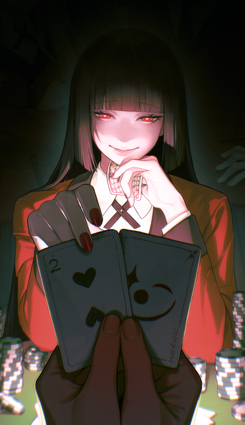 1girl black_hair bright_pupils can card closed_mouth collar fingernails formal_clothes gootai highres hime_cut holding holding_can jabami_yumeko kakegurui long_hair long_sleeves looking_at_viewer playing_card pov pov_hands red_nails red_suit smile solo_focus suit upper_body white_collar white_pupils