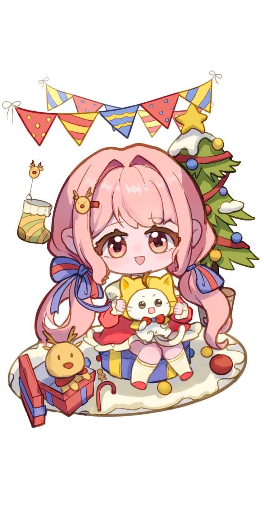 1girl animal bow bowtie brown_eyes carpet cat chibi christmas christmas_ornaments christmas_star christmas_stocking christmas_tree cloak clothed_animal dress ear_covers eyelashes frilled_dress frills garland_(decoration) gift hair_intakes hair_ornament hairclip highres holding holding_animal holding_cat hood hood_up hooded_cloak kneehighs layered_sleeves long_hair long_sleeves looking_at_viewer low_twintails meiyou_mingzi momo_(nikki) nikki_(nikki) nikki_(series) open_mouth outline pink_hair red_bow red_bowtie red_dress red_footwear reindeer reindeer_hair_ornament short_dress short_over_long_sleeves short_sleeves sitting slippers smile snow socks stuffed_animal stuffed_reindeer stuffed_toy tareme transparent_background twintails very_long_hair wavy_hair whiskers white_cat white_outline white_sleeves white_socks yellow_cloak