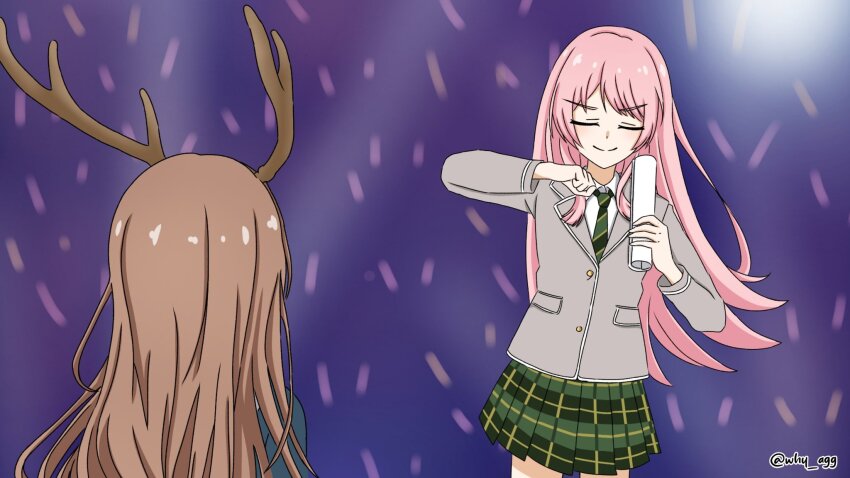 2girls a_whydc antlers bang_dream! bang_dream!_it&#039;s_mygo!!!!! blue_shirt bow bowtie brown_hair chihaya_anon closed_eyes closed_mouth collared_shirt dancing diagonal-striped_bow diagonal-striped_bowtie diagonal-striped_clothes green_necktie green_skirt grey_jacket haneoka_school_uniform highres horns jacket long_hair long_sleeves multiple_girls nagasaki_soyo necktie pink_hair plaid_clothes plaid_skirt school_uniform shikairo_days shirt skirt smile standing striped_clothes twitter_username upper_body v-shaped_eyebrows white_shirt winter_uniform