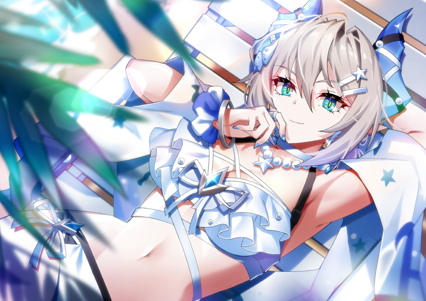 1girl absurdres armpits bench bikini blue_eyes blue_horns bracelet breasts choker closed_mouth dragon_girl dragon_horns frilled_wrist_cuffs frills gem grand_chase grey_hair hair_ornament hairpin highres horns jewelry leaf looking_at_viewer lying medium_breasts nail_polish navel necklace off_shoulder official_alternate_costume official_art on_back outdoors pearl_necklace pointy_ears sand side-tie_bikini_bottom slit_pupils solo star_(symbol) stomach summer swimsuit tiamat_(grand_chase) tsurime white_bikini white_choker wrist_cuffs