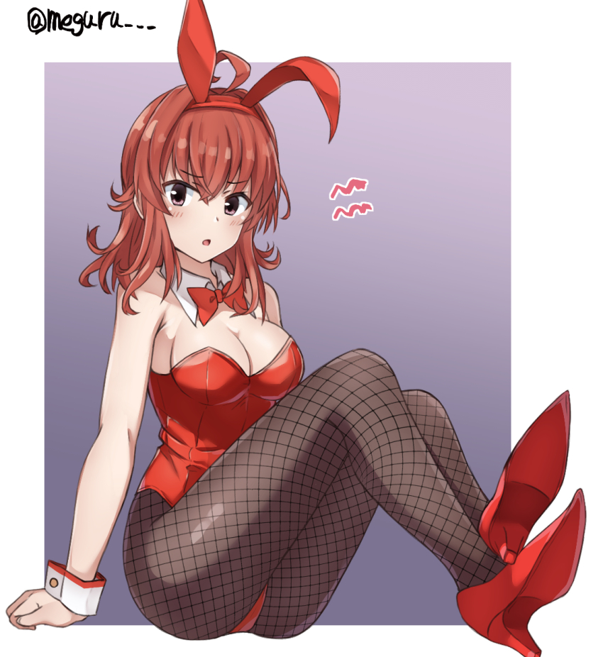 1girl ahoge alternate_costume animal_ears arashi_(kancolle) bad_id bad_twitter_id black_pantyhose blush bow bowtie breasts cleavage detached_collar fake_animal_ears female_focus fishnet_pantyhose fishnets full_body high_heels highres kantai_collection leotard long_hair medium_breasts meguru_(megurunn) open_mouth pantyhose playboy_bunny rabbit_ears red_bow red_bowtie red_footwear red_hair red_leotard sitting solo twitter_username two-tone_background wrist_cuffs
