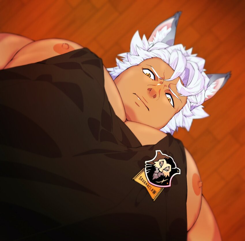 1boy alternate_pectoral_size animal_ears bara black_tank_top commission dark-skinned_male dark_skin foreshortening from_below hair_between_eyes highres jack_howl large_pectorals looking_at_viewer looking_down male_focus meme muscular muscular_male nipple_slip nipples pectoral_cleavage pectoral_focus pectorals photo-referenced pix_masakok pixiv_commission short_hair sidepec solo tank_top textless_version thick_eyebrows twisted_wonderland upper_body white_hair wolf_boy wolf_ears pec_pov_(meme)