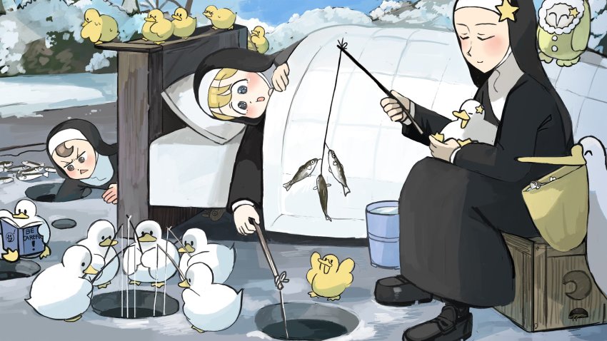 3girls ^_^ animal_on_arm barn_owl bed bird bird_on_arm blanket blonde_hair blue_eyes book brown_eyes brown_hair bucket bush chicken chicken_feet climbing_ladder closed_eyes clumsy_nun_(diva) commentary crate diva_(hyxpk) diving duck duckling english_commentary fish fishing fishing_rod froggy_nun_(diva) grabbing habit highres hole ice_fishing in_mouth ladder little_nuns_(diva) lying multiple_girls nervous_sweating nun on_side open_mouth outdoors owl pelican pillow pond reading sculpture sitting slice_of_life smile star_(symbol) star_nun_(diva) sweat traditional_nun triangle_mouth when_you_see_it winter winter_clothes