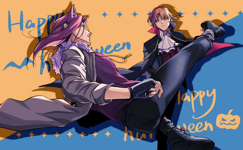 2boys absurdres animal_ears ascot ayanokouji_kiyotaka black_cape black_footwear black_gloves black_pants blue_background brown_eyes brown_hair cape fingerless_gloves fingernails full_body fur-trimmed_hood fur_trim gloves grey_jacket hand_up happy_halloween highres holding holding_another&#039;s_leg holding_leg hood hooded_jacket jacket long_sleeves looking_at_another male_focus multiple_boys nail_polish pants purple_eyes purple_hair purple_nails purple_shirt red_cape ryuuen_kakeru sharp_fingernails shirt short_hair two-sided_fabric two-tone_background vampire white_ascot white_gloves wing_collar wolf_boy wolf_ears yellow_background yizhongziwei youkoso_jitsuryoku_shijou_shugi_no_kyoushitsu_e