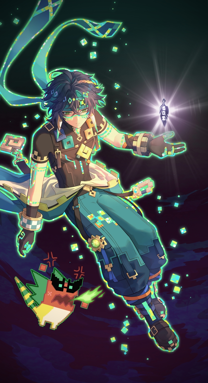 1boy 1other absurdres ajaw_(genshin_impact) aqua_headband aqua_pants arm_tattoo black_gloves black_hair black_shirt black_shoes closed_mouth clothes_around_waist earrings erzplubdduik93g genshin_impact gloves green_eyes green_hair hair_between_eyes headband highres jewelry kinich_(genshin_impact) male_focus multicolored_hair pants shirt shoes short_hair short_sleeves simple_background streaked_hair tattoo two-tone_gloves upper_body