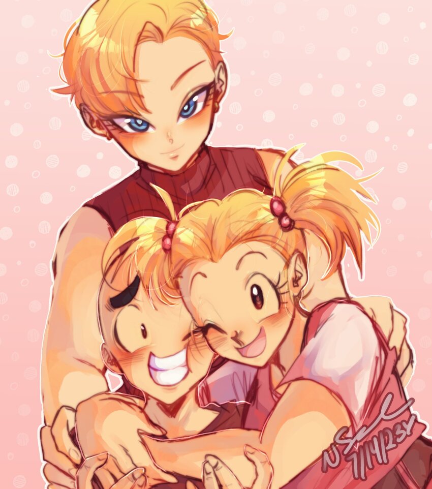 1boy 2girls android_18 black_eyes blonde_hair blush couple dragon_ball dragon_ball_super family father_and_daughter happy highres hug husband_and_wife kuririn looking_at_viewer marron_(dragon_ball) mother_and_daughter multiple_girls smile