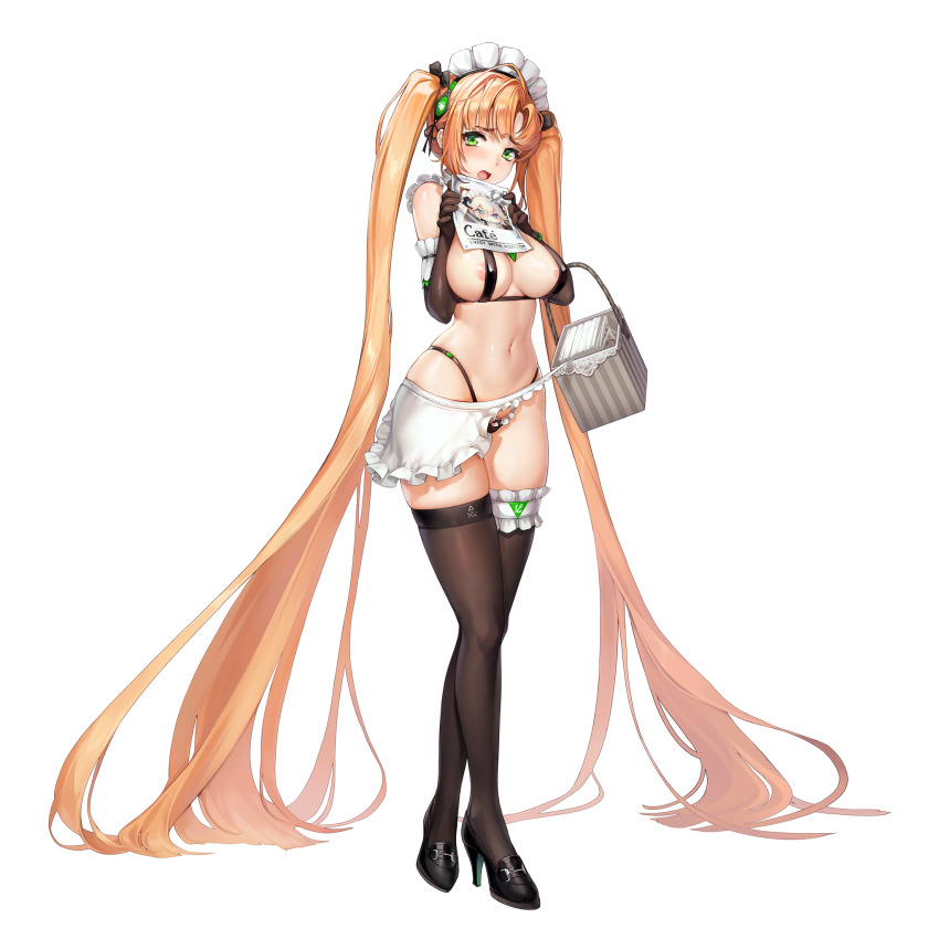 1girl absurdly_long_hair alternate_costume apron areola_slip black_thighhighs blonde_hair bumcha english_text enmaided full_body green_eyes high_heels highleg highleg_panties highres last_origin long_hair maid maid_cafe maid_headdress navel nereid_(last_origin) official_art panties simple_background solo tachi-e thighhighs transparent_background twintails underwear very_long_hair waist_apron
