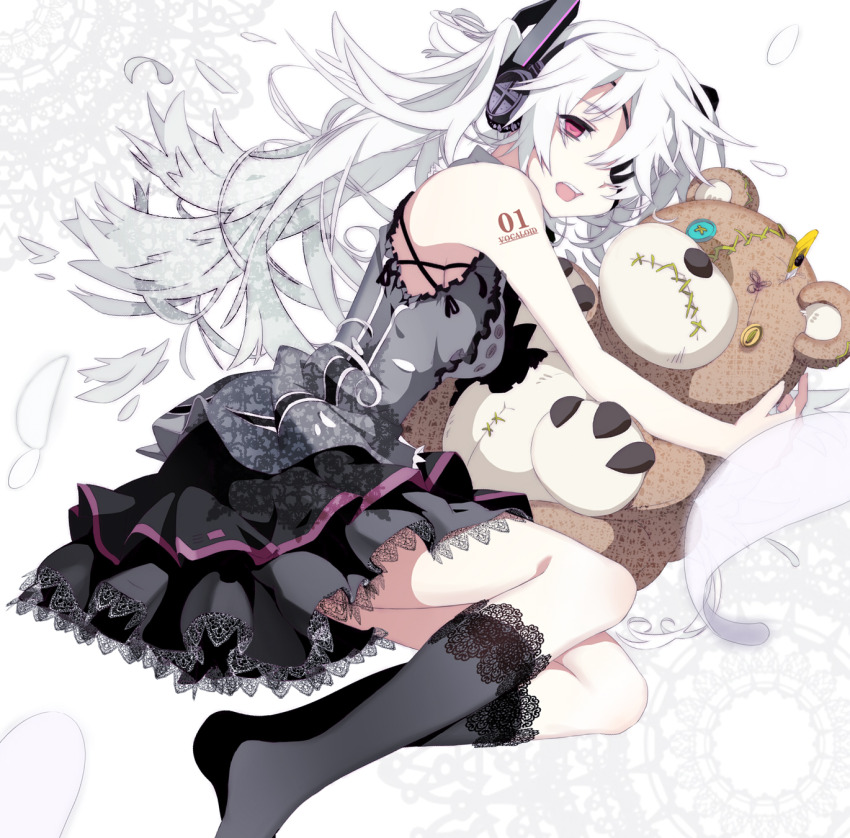 1girl bare_shoulders black_dress black_socks boxcutter breasts commentary_request dress eyepatch frilled_socks frills full_body funamushi_nomore gothic_lolita hatsune_miku headphones highres hugging_object kneehighs lace lace-trimmed_dress lace-trimmed_legwear lace_trim large_teddy_bear lolita_fashion long_hair looking_at_viewer lying medium_breasts no_shoes number_tattoo on_side one_eye_covered open_mouth red_eyes shoulder_tattoo sleeveless sleeveless_dress socks solo stitches stuffed_animal stuffed_toy tattoo teddy_bear teeth twintails upper_teeth_only very_long_hair vocaloid white_hair