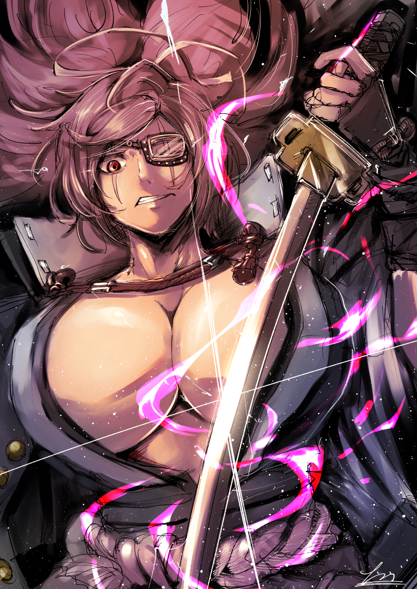 1girl absurdres baiken breasts clenched_teeth eyepatch gauntlets guilty_gear guilty_gear_strive highres holding holding_sword holding_weapon huge_breasts japanese_clothes katana kimono looking_at_viewer nankou_(koutanan) open_clothes open_kimono pink_hair ponytail rope rope_belt scar scar_across_eye scar_on_face signature solo sword teeth upper_body weapon
