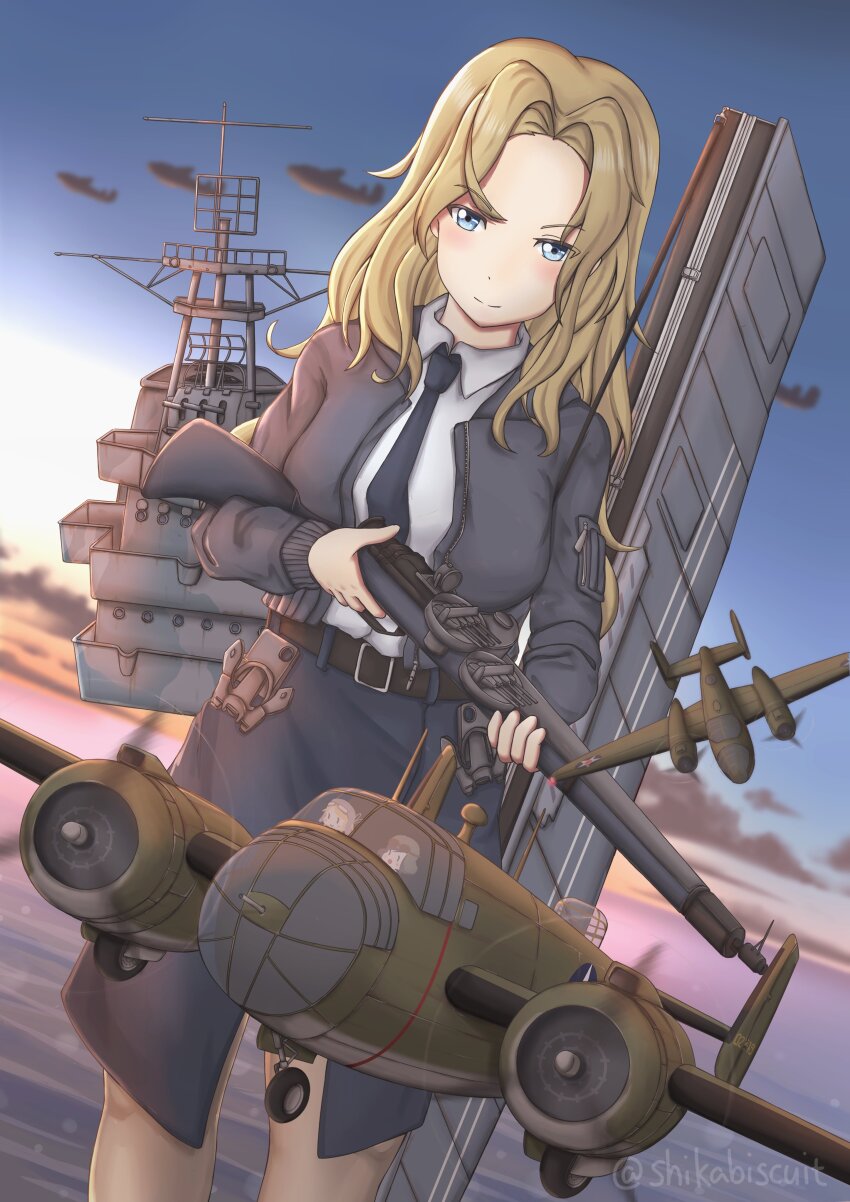 1girl 3girls absurdres aircraft airplane anchor b-25_mitchell belt black_belt black_necktie black_pantyhose black_skirt blonde_hair blue_eyes bolt_action bomber bomber_jacket breasts day fairy_(kancolle) gun highres holding holding_gun holding_weapon hornet_(kancolle) jacket kantai_collection large_breasts long_hair looking_at_viewer m1903_springfield military military_vehicle mini_person minigirl multiple_girls necktie outdoors pantyhose pencil_skirt rifle rigging shikabiscuit shirt skirt sleeveless sleeveless_shirt smile solo weapon white_shirt