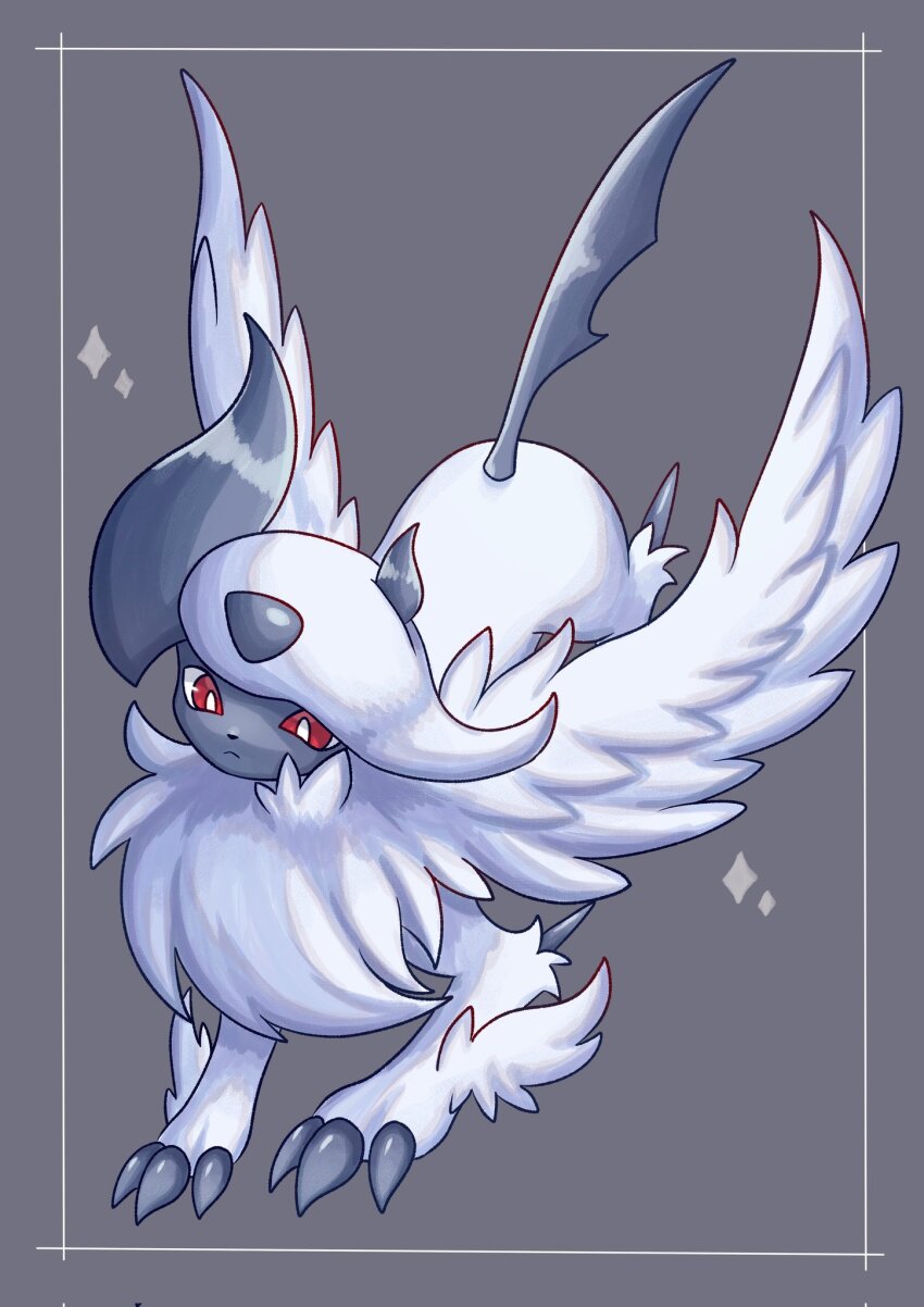 absol animal_focus bright_pupils claws closed_mouth feathered_wings gen_3_pokemon highres horns long_hair mega_absol mega_pokemon nintendo no_humans pokemon pokemon_(creature) pokemon_focus red_eyes soruva_359 white_hair white_pupils wings