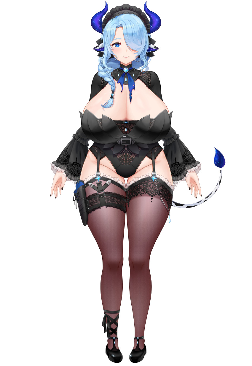 1girl absurdres animal_ears black_garter_belt black_leotard black_nails black_shoes blue_eyes blue_hair blue_pupils braid breasts bright_pupils cleavage closed_mouth cow_ears cow_girl cow_horns cow_tail cream_cod frilled_sleeves frilled_thighhighs frills garter_belt hair_over_one_eye hair_over_shoulder hair_tubes highres horns huge_breasts indie_virtual_youtuber leotard long_hair maid maid_headdress miilkywayz mole mole_under_mouth official_art purple_horns shoes single_hair_tube smile solo tachi-e tail thigh_gap thighhighs transparent_background virtual_youtuber