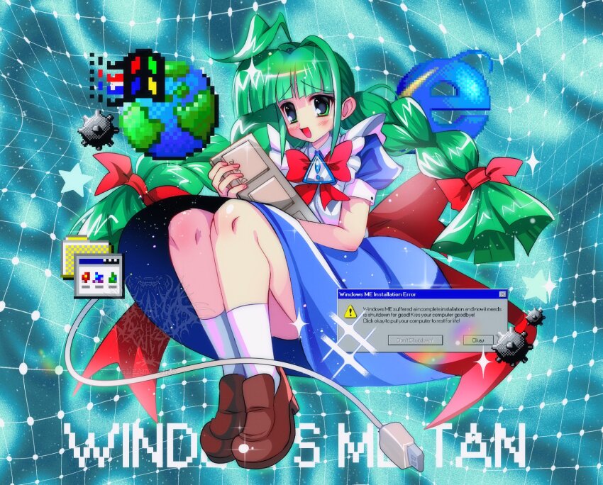 1girl 2000s_(style) ahoge apron blue_dress blush bow bowtie braid brown_shoes cable cable_tail character_name computer_keyboard copyright_name dress earth_(planet) english_text error_message full_body gleamyguts green_eyes green_hair highres huge_ahoge internet_explorer loafers long_hair me-tan mechanical_tail microsoft_windows open_mouth os-tan personification planet red_bow red_bowtie shoes sign solo tail twin_braids twintails usb very_long_hair warning_sign white_apron window_(computing) windows_classic windows_me