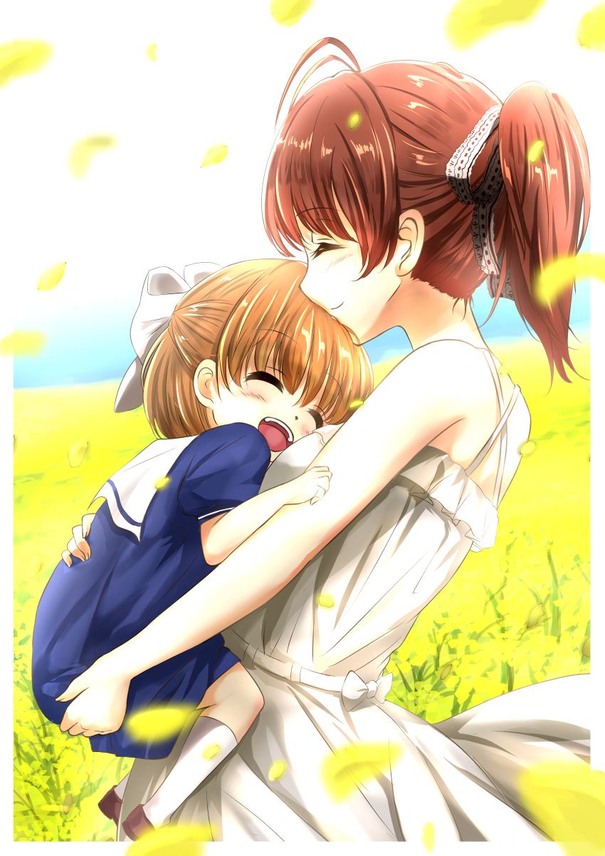 2girls :d ^_^ absurdres antenna_hair bare_arms bare_shoulders blue_dress blurry blush bow brown_hair child clannad closed_eyes closed_mouth commentary cowboy_shot day depth_of_field dress eyelashes falling_petals from_side furukawa_nagisa garden hair_between_eyes hair_bow hair_ribbon happy highres hug light_blush medium_hair mother_and_daughter multiple_girls okazaki_ushio open_mouth outdoors petals ponytail profile ribbon sailor_collar school_uniform short_hair smile socks soragane_(banisinngurei) standing straight_hair summer sundress teeth upper_teeth_only white_bow white_dress white_ribbon white_sailor_collar white_socks