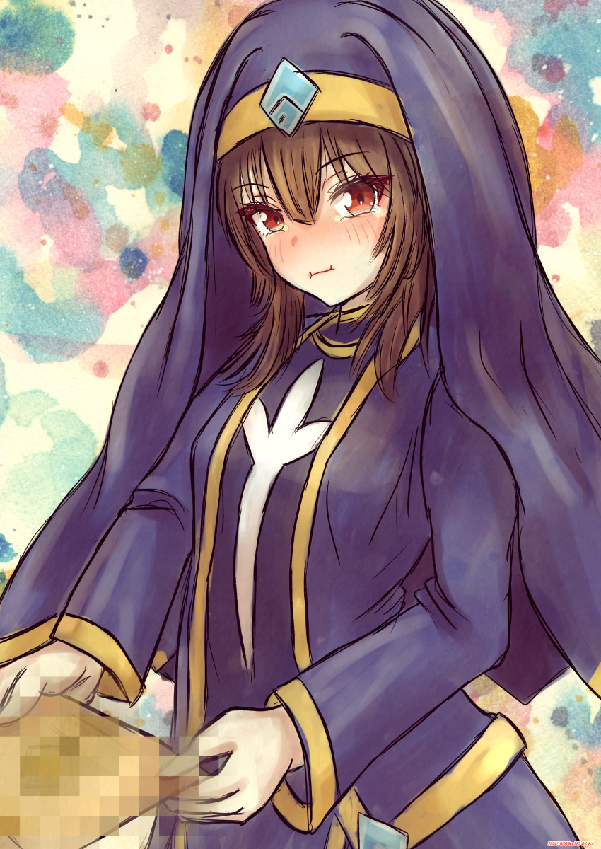 1girl absurdres blue_dress blue_veil blush brown_hair cecily_(konosuba) cecily_(konosuba)_(cosplay) censored character_name contract cosplay dated dress eris_symbol highres holding holding_paper kono_subarashii_sekai_ni_shukufuku_wo! long_sleeves looking_at_viewer megumin mosaic_censoring nun paper pout red_eyes seikacopiyo solo veil