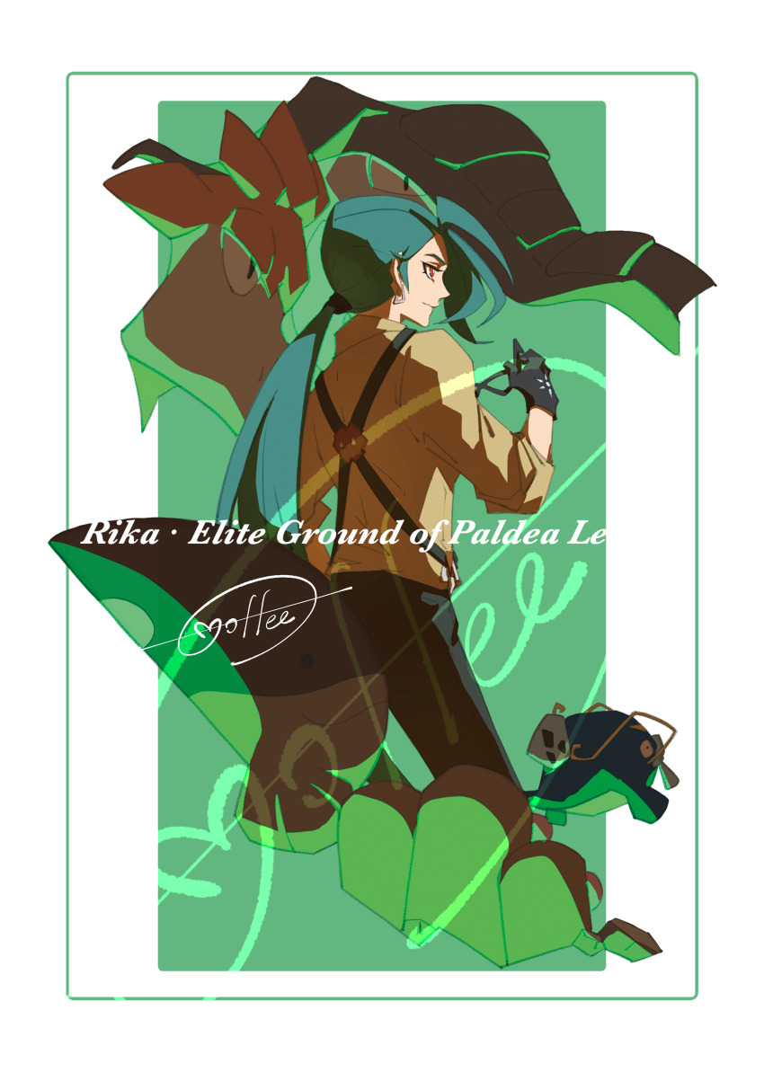 1girl absurdres ahoge black_gloves black_pants border bright_pupils camerupt cccacademia character_name clodsire closed_mouth commentary_request donphan earrings gen_2_pokemon gen_3_pokemon gloves green_background green_hair hand_up highres jewelry long_hair nintendo pants pokemon pokemon_(creature) pokemon_sv ponytail red_eyes rika_(pokemon) shirt signature sleeves_rolled_up stud_earrings suspenders whiscash white_border white_pupils