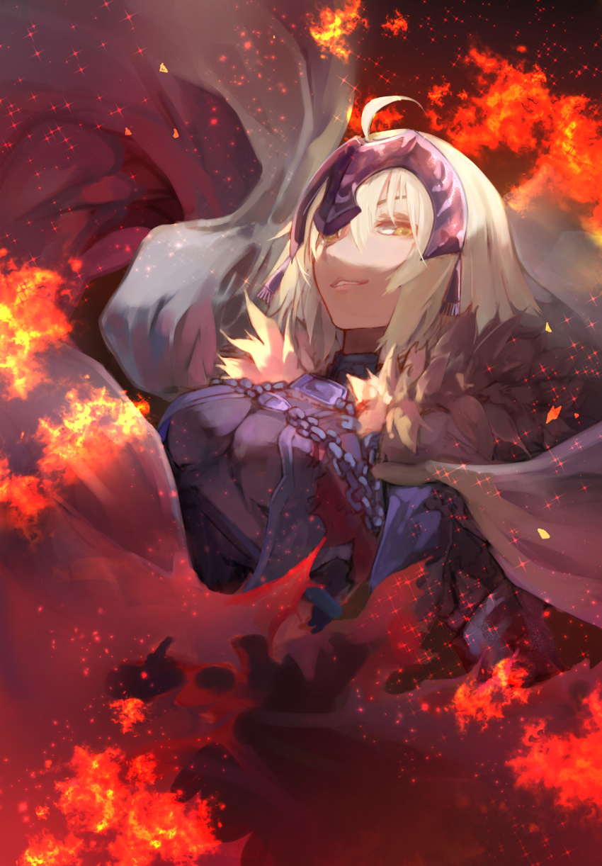 1girl ahoge blonde_hair breasts chain cloak eyebrows_hidden_by_hair fate/grand_order fate_(series) fire fire hair_between_eyes headpiece highres jeanne_d&#039;arc_alter_(avenger)_(fate) jeanne_d&#039;arc_alter_(fate) looking_at_viewer open_mouth saitogiulio short_hair smile solo upper_body yellow_eyes