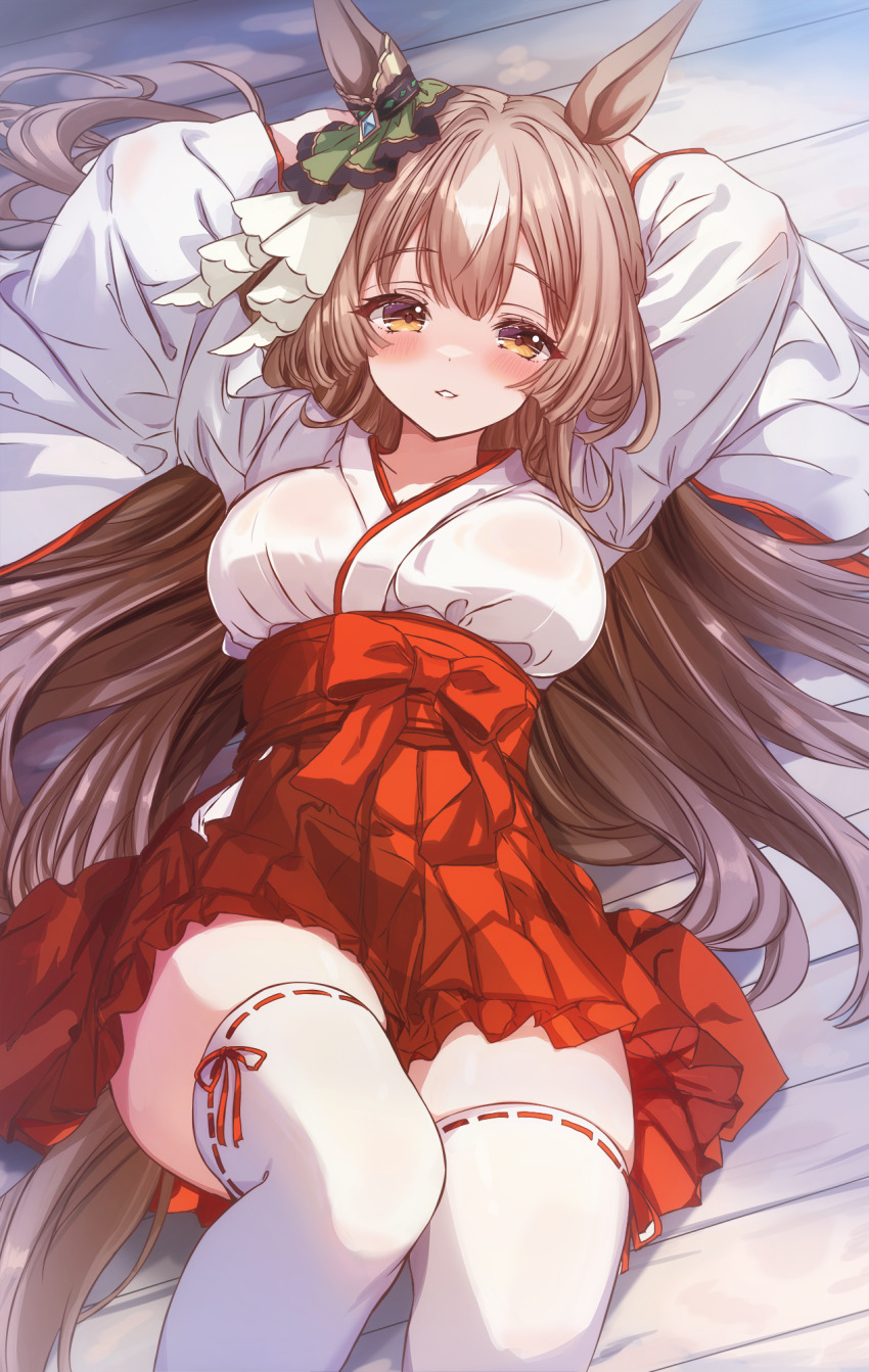 1girl animal_ears arms_up blush breasts brown_eyes brown_hair cleavage commentary_request cutlass_(classic_chocolate) hair_between_eyes hair_ornament hair_spread_out highres horse_ears horse_girl horse_tail japanese_clothes long_hair looking_at_viewer medium_breasts miko open_mouth satono_diamond_(umamusume) tail thighhighs thighs umamusume