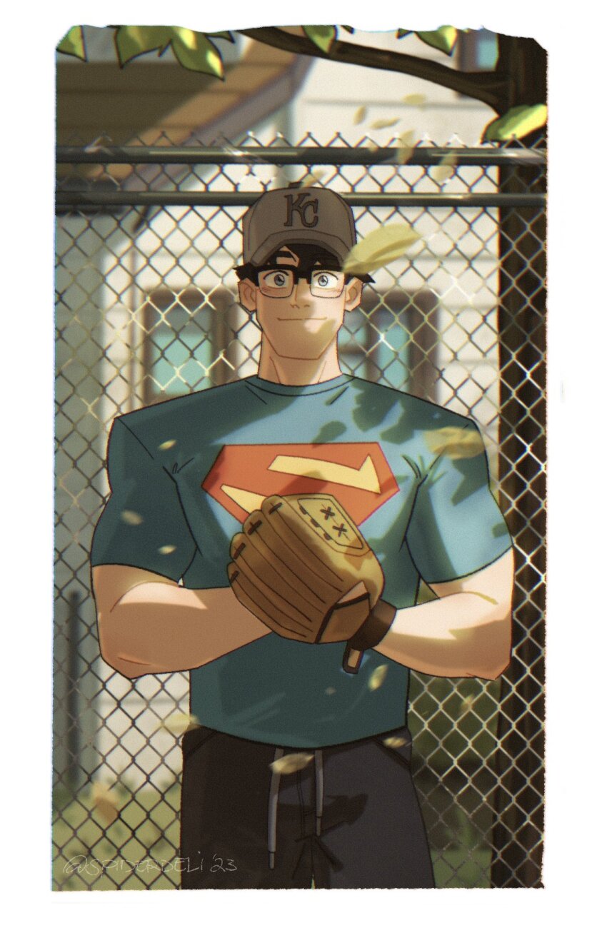 1boy arms_up baseball_cap baseball_glove black_hair black_pants blue_eyes blue_shirt blush border broad_shoulders chain-link_fence clark_kent closed_mouth commentary cowboy_shot dappled_sunlight dc_comics english_commentary fence glasses grey_hat hat highres house looking_at_viewer male_focus my_adventures_with_superman outdoors pants semi-rimless_eyewear shirt short_hair short_sleeves smile solo spiderdeli sunlight superman_(series) superman_logo t-shirt tree white_border window