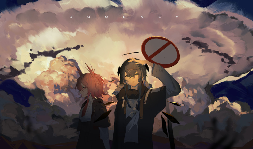 2girls absurdres arknights black_hair black_horns black_jacket closed_mouth collared_shirt commentary english_commentary english_text fiammetta_(arknights) halo hand_on_own_head highres horns jacket kuma_(yoooooooo152) layered_sleeves long_hair long_sleeves mostima_(arknights) multiple_girls necktie open_clothes open_jacket outdoors red_eyes red_hair red_necktie road_sign shirt short_hair short_over_long_sleeves short_sleeves sign smile white_shirt